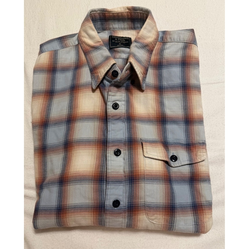 Abercrombie & Fitch Mens XL Plaid Flannel Shirt Blue Orange Long Sleeve Buttonup